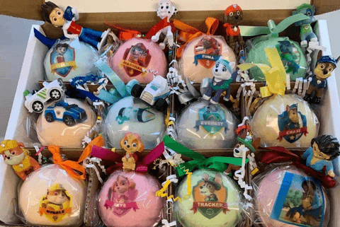 12 XL Bath Bomb Fizzies with surprise Paws Patrol figure inside, handmade, natural ingredients, fruity, kid-friendly scents - Apalipapa