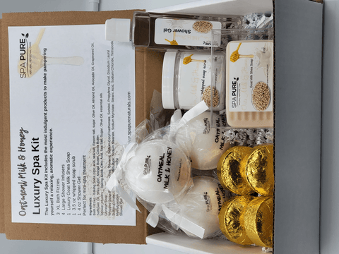 Spa Pure Luxury Spa Kit = Oatmeal, Milk & Honey, Gift for Mom, Pampering Gift Set, Bath Fizzies, Shower Steamers, Whipped Soap Scrub, Shower gel - Apalipapa