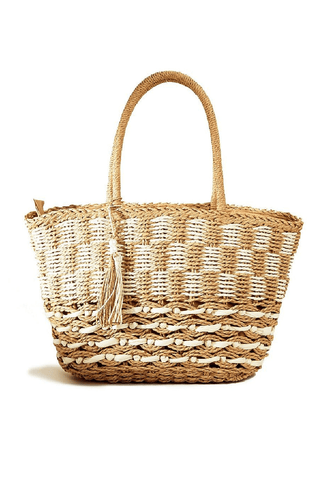 Checkered Pattern and Braided Straw Bag - Apalipapa