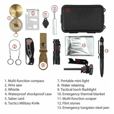 14 in 1 Outdoor Emergency Survival And Safety Gear Kit Camping Tactical Tools SOS EDC Case - Apalipapa