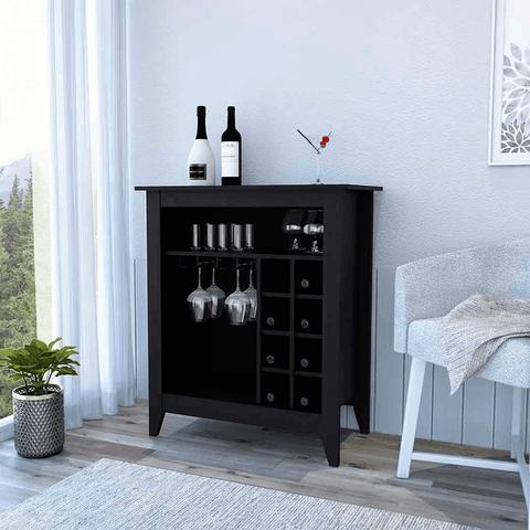 Bar Cabinet Castle, One Open Shelf, Six Wine Cubbies, Black Wengue Finish - Apalipapa