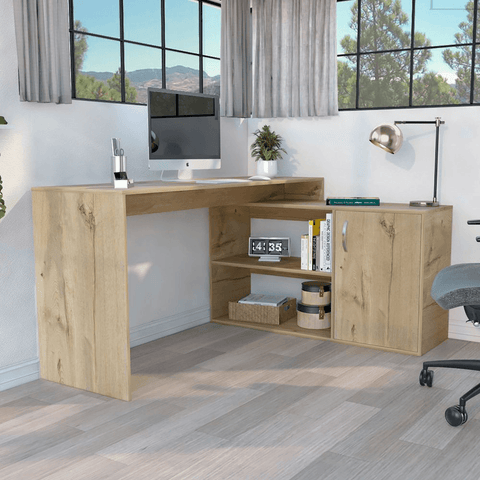 L-Shaped Desk Desti, Single Door Cabinet, Light Oak Finish - Apalipapa