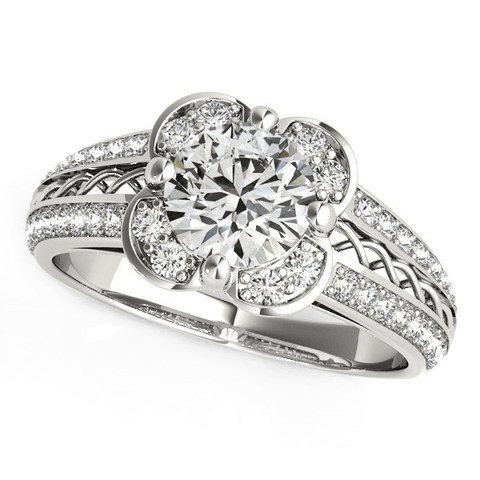 Round Diamond Floral Motif Engagement Ring in 14k White Gold (1 3/8 cttw) - Apalipapa