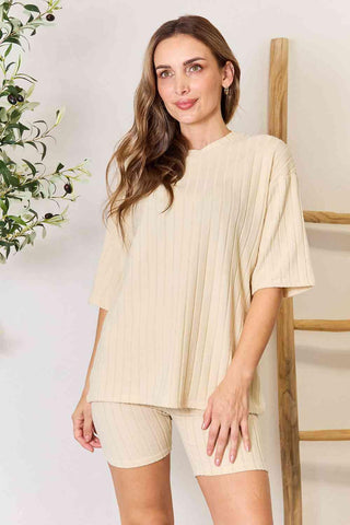 Basic Bae Ribbed Round Neck Top and Shorts Lounge Set - Apalipapa