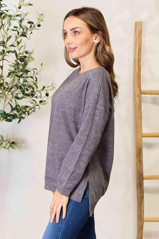 Basic Bae Round Neck Drop Shoulder Slit Sweatshirt - Apalipapa