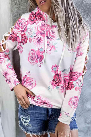 Floral Crisscross Drawstring Hoodie - Apalipapa