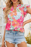 Floral Ruffled Notched Cap Sleeve Blouse - Apalipapa