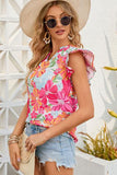 Floral Ruffled Notched Cap Sleeve Blouse - Apalipapa