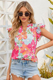 Floral Ruffled Notched Cap Sleeve Blouse - Apalipapa