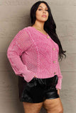 HEYSON Soft Focus Full Size Wash Cable Knit Cardigan in Fuchsia - Apalipapa