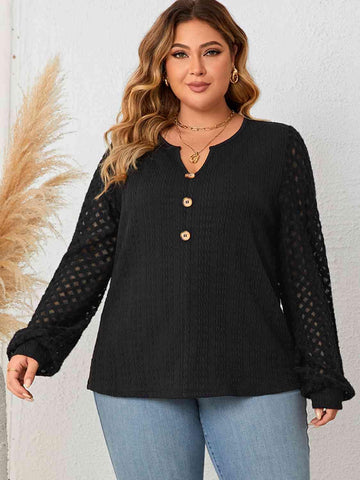 Plus Size Openwork Notched Button Front Blouse - Apalipapa