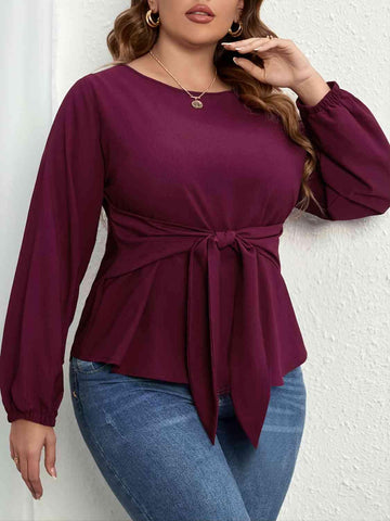 Plus Size Tie Front Long Sleeve Blouse - Apalipapa