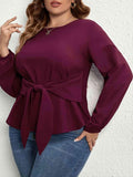 Plus Size Tie Front Long Sleeve Blouse - Apalipapa