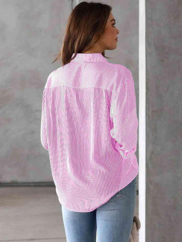 Striped Collared Neck Shirt with Pocket - Apalipapa