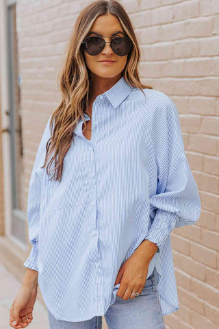 Striped Lantern Sleeve Collared Shirt - Apalipapa